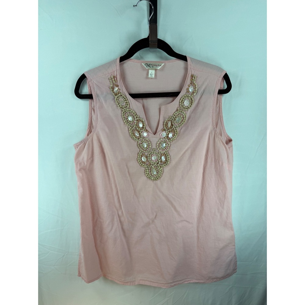 Krazy Kat Pink Cotton Sleeveless Beaded Shell V-Neck‎ Blouse Top L natural fiber